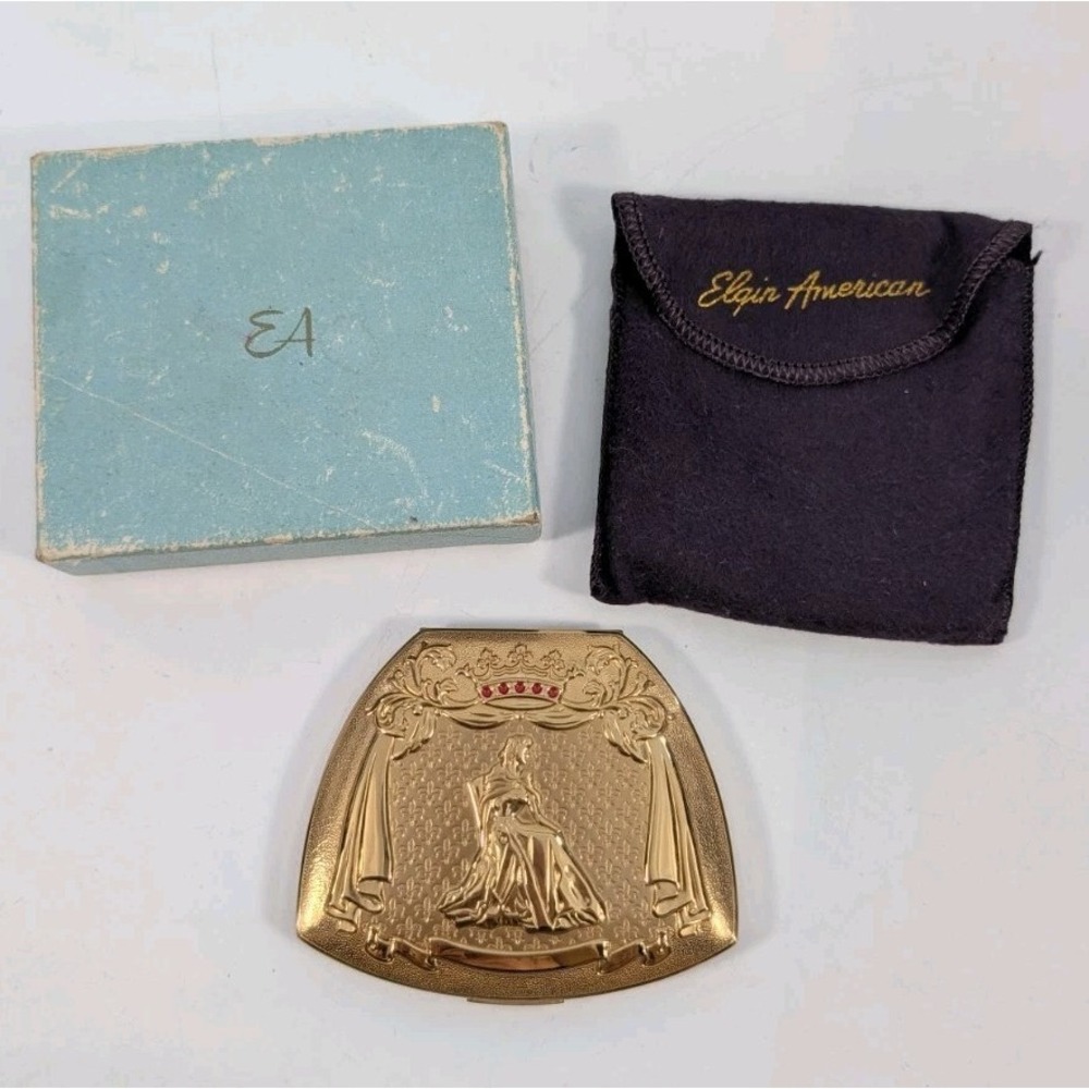Vintage Elgin American "Queen for a Day" Gold Tone Powder Compact - Made in USA